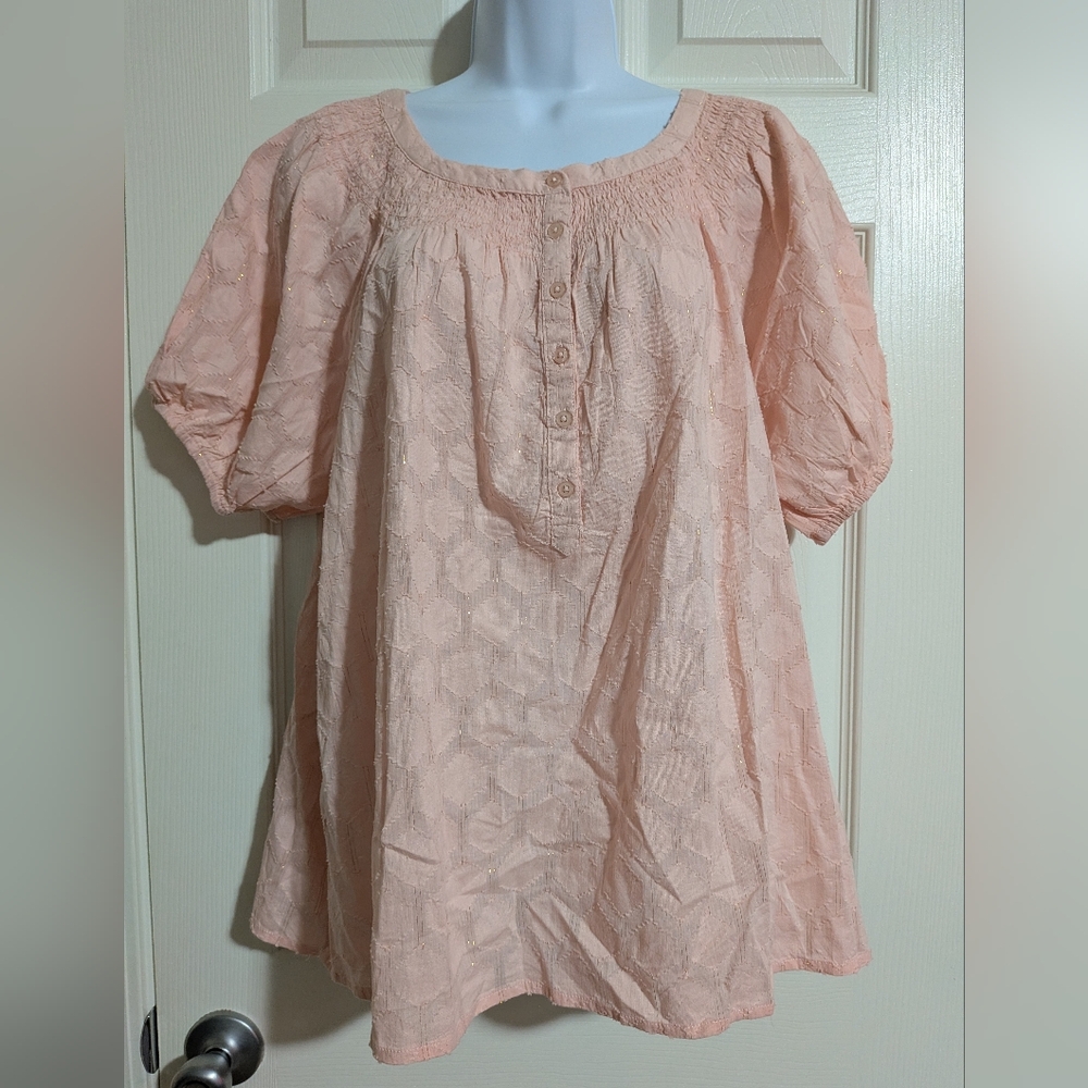 NWT Linda Anderson XL Peach Textured Blouse Shimmer Sparkle Spring